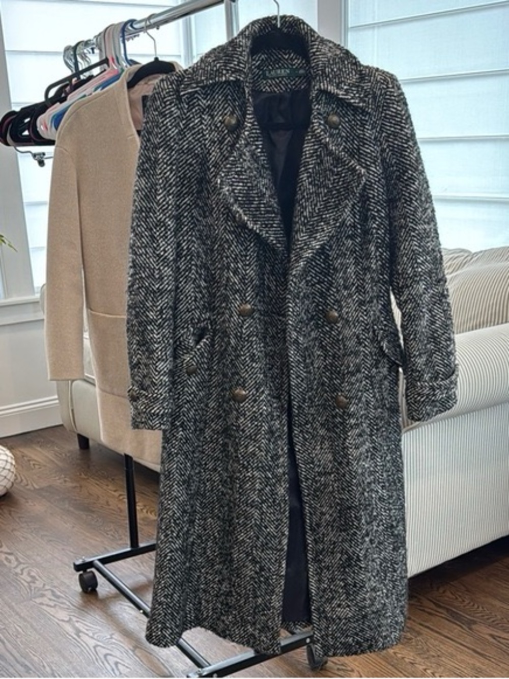 Ralph Lauren Black and White Herringbone Wool Double-Breasted Coat